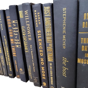 May include: A collection of black hardcover books with gold lettering. The titles include "The Success Journey", "Enlightened Aging", "Look For Me There", "Willpower Go Distance", "Silenced No More", "Just Another Day Vietnam", "The Host", "Three Days in Moscow", and "Benters".