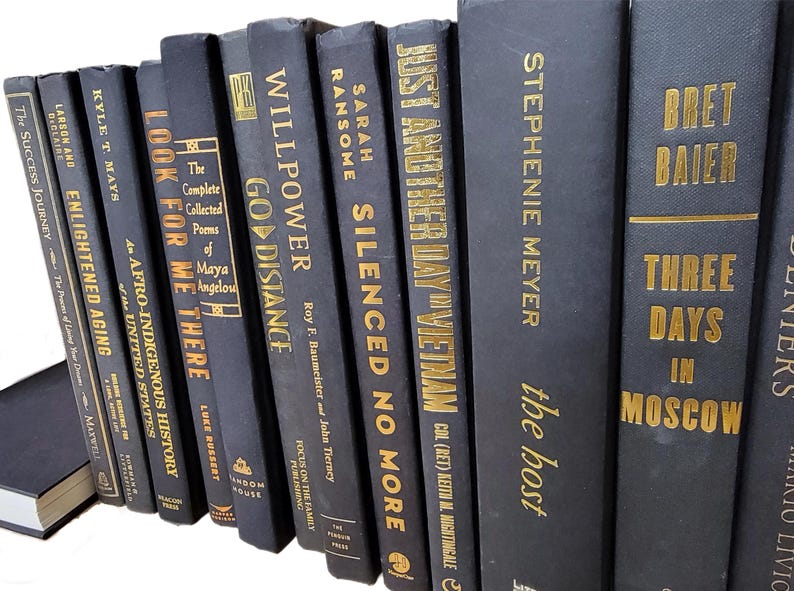 May include: A collection of black hardcover books with gold lettering. The titles include "The Success Journey", "Enlightened Aging", "Look For Me There", "Willpower Go Distance", "Silenced No More", "Just Another Day Vietnam", "The Host", "Three Days in Moscow", and "Benters".