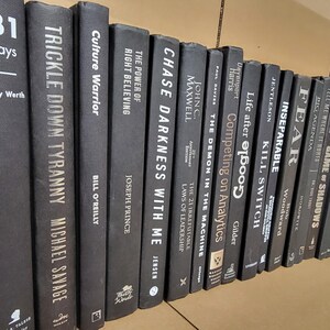 Pu&ograve; includere: Una collezione di libri con copertina rigida di colore grigio scuro e scritte bianche. I titoli includono "31 Days", "Trickle Down Tyranny", "Culture Warrior" e "Chase Darkness With Me". I libri sono disposti su uno scaffale.
