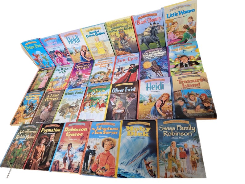 May include: A collection of 28 paperback books with colourful covers featuring titles such as "Peter Pan", "Heidi", "Anne of Green Gables", "Black Beauty", "Little Women", "The Wizard of Oz", "Gulliver's Travels", "Jane Eyre", "Oliver Twist", "Treasure Island", "Robinson Crusoe", "The Adventures of Tom Sawyer", "Moby Dick", and "Swiss Family Robinson".