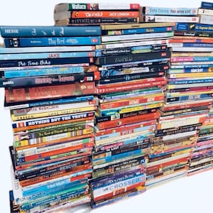 May include: A large stack of paperback books in various colors and genres. The books are arranged in a vertical stack, with the spines facing outward. The titles of the books are visible, including "The Latte Rebellion", "Love That Dog", "Nothing But The Truth", "Good Neighbors", "Rescue", "The Visitor", "The Wave", "The Depths", "Ruby Key", and "Hurt Street".