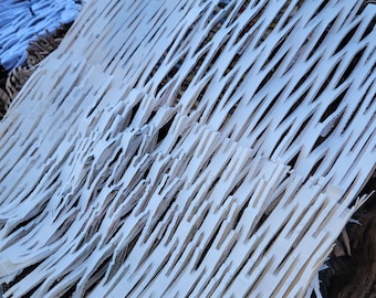 May include: Close-up of white, shredded cardboard packaging material. The material is cut into a lattice pattern, creating a cushioning effect. The image shows a pile of the shredded cardboard, with some brown and blue cardboard visible in the background.
