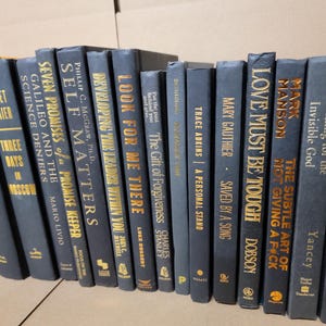 Pu&ograve; includere: Una collezione di libri con copertina rigida blu scuro e scritte dorate. I titoli includono "Love Must Be Tough", "Self Matters" e "Look for Me There". I libri sono disposti in fila, suggerendo una biblioteca o una libreria.