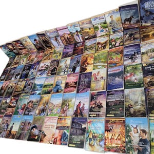 May include: A large collection of paperback books with various titles and authors. The books are arranged in rows and columns, and they are all in good condition. The books are mostly romance novels, with some mystery and thriller titles.
