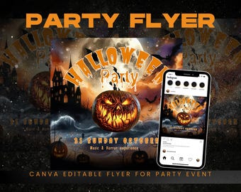 Editable Halloween Night Party Flyer Template Canva Design Spooky Event ...