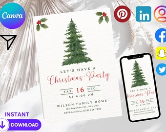 May include: A printable Christmas party invitation featuring a watercolour illustration of a green pine tree and red holly berries. The text reads "Let's Have a Christmas Party" with the date and time of the party. The invitation is designed for a phone screen.