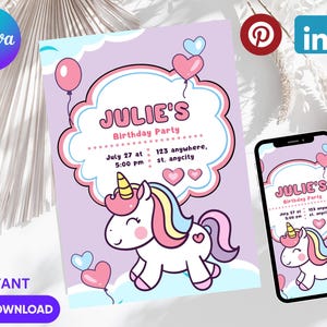 Unicorn Birthday Invitation Rainbow Unicorn Party Invite Pink Purple Gold Floral Unicorn Girl Birthday Invite Editable Digital Download