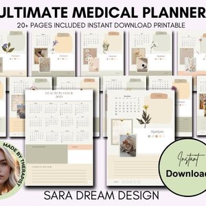 Pode incluir: Um planejador médico imprimível com mais de 20 páginas. O planejador apresenta um esquema de cores bege e verde com ilustrações florais e o texto "ULTIMATE MEDICAL PLANNER" e "HEALTHY PLANNER 2025".