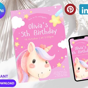 Unicorn Birthday Invitation Rainbow Unicorn Party Invite Pink Purple Gold Floral Unicorn Girl Birthday Invite Editable Digital Download