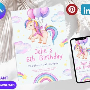 Unicorn Birthday Invitation Rainbow Unicorn Party Invite Pink Purple Gold Floral Unicorn Girl Birthday Invite Editable Digital Download