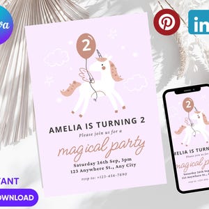 Unicorn Birthday Invitation Rainbow Unicorn Party Invite Pink Purple Gold Floral Unicorn Girl Birthday Invite Editable Digital Download