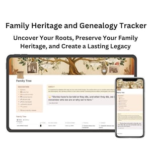 以下が含まれることがあります： 家族の遺産と系図追跡のためのウェブサイトとモバイルアプリのスクリーンショットです。ウェブサイトには、写真と日付がついた家系図の大きな画像が表示されています。「物語は語り継がれなければ死んでしまい、死んでしまえば、私たちは自分が誰なのか、なぜここにいるのかを思い出せなくなります。」というテキストがウェブサイトに表示されています。
