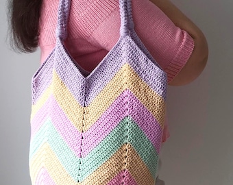 Crochet Shoulder Bag: Colorful Zigzag Cotton Tote, Boho Beach Bag