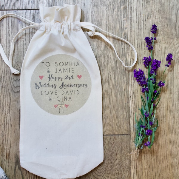 Personalised Anniversary Cotton Bottle Bag - Wine Bag - Gift Bag - Anniversary Gift - Bottle Bag