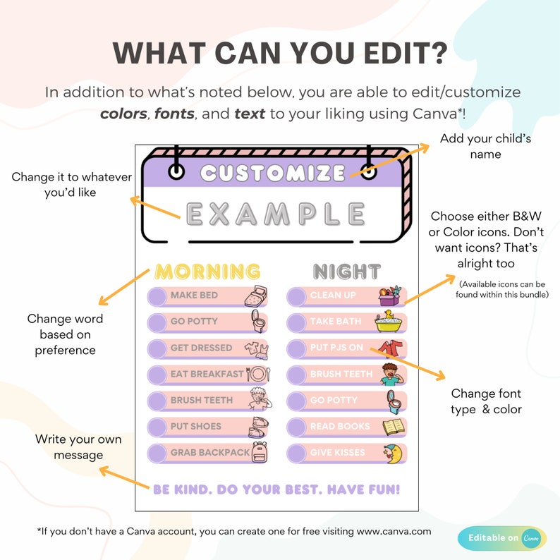 EDITABLE Morning Bedtime Routine, Chores Checklist Chart, Kids Toddlers ...