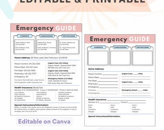 EDITABLE & PRINTABLE Emergency Guide, Emergency Information, Emergency Contact Info, Editable on Canva, Printable Download, Babysitter Notes