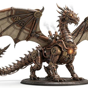May include: A detailed steampunk dragon sculpture with bronze and copper tones. The dragon features mechanical wings, gears, and a tail. Smoke rises from the dragon's back, and its eyes glow. The sculpture is on a circular base.