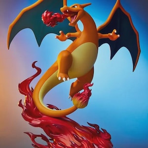 May include: A dynamic orange Charizard figurine with a cream-colored belly, large teal-lined wings, and sharp claws. The creature is depicted mid-flight, breathing a burst of red fire from its mouth, with a flame burning at the tip of its tail.