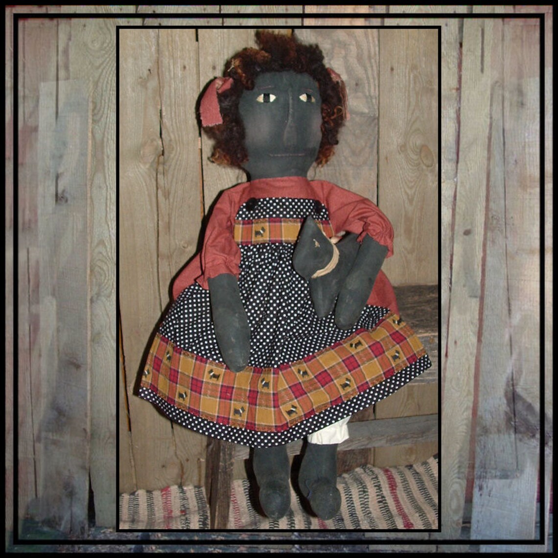 Primitive folk art black cloth doll polka dot apron soft Etsy