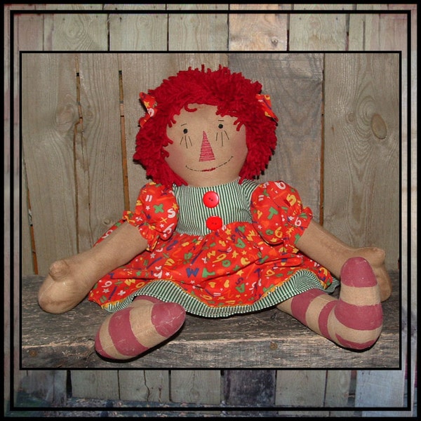 Primitive folk art Raggedy Ann hand embroidered cloth rag doll shaggy yarn hair HAFAIR ofg faap painted legs