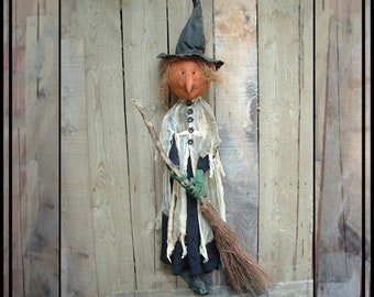 INSTANT DOWNLOAD PATTERN pdf file digital pattern Primitive folk art witch with pumpkin head twig broom 460