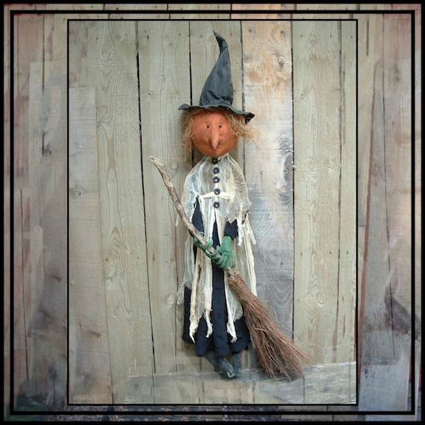 INSTANT DOWNLOAD PATTERN pdf file digital pattern Primitive folk art witch with pumpkin head twig broom 460