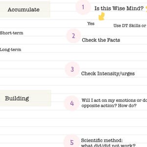 May include: A diagram with the title "Daily DBT check in" and five steps for emotional regulation. The steps are: 1. Is this Wise Mind? 2. Check the Facts 3. Check Intensity/urges 4. Will I act on my emotions or do opposite action? How do? 5. Scientific method: what did/did not work?