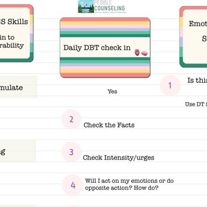 May include: A digital graphic with text and colorful rectangular elements. The text includes "LEASES Skills", "Daily DBT check in", and "Emotion Reg". The image also features the Pebble Counseling logo.