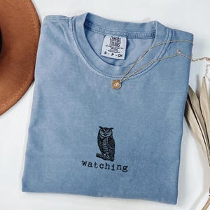 May include: A blue Comfort Colors t-shirt with an owl graphic and the word "watching" printed below. A gold necklace with a pendant rests on the shirt. A brown hat and dried leaves are in the background.
