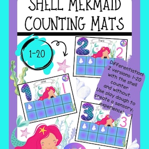 May include: Shell Mermaid Counting Mats with numbers 1-20. The mats feature colorful illustrations of mermaids and shells. The text on the mats includes the words "one", "two", and "three". The mats are designed for sensory play with play dough.