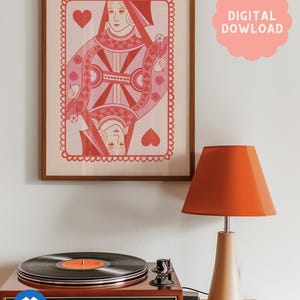 Queen of Hearts Playing Card Wall Art Print – Pink and Red Quirky Decor – Downloadable Digital Poster for Home or Dorm Room