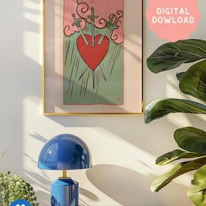 Vibrant Pink and Blue Three of Swords Tarot Wall Art – Quirky Dopamine Decor for Bold Home Aesthetics – Digital Download in Multiple Sizes