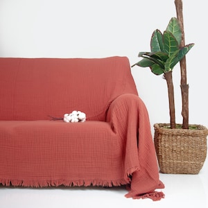 Organic Cotton Sofa Throw – 4 Layered Terracota Muslin %100 Cotton Washable Couch Cover for Sofa, Sectional, L-Shape, U-Shape