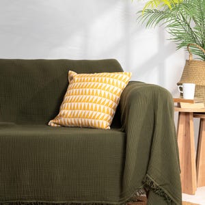 Organic Cotton Sofa Throw –4 Layered Green Muslin %100 Cotton Soft Washable Large Couch Cover for Sofa, Sectional, L-Shape, 2, 3, 4-Seater