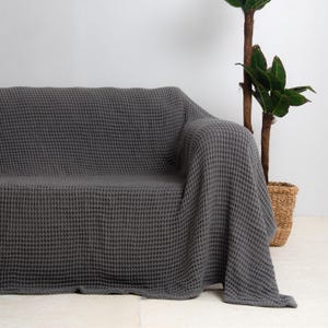 Gray Extra Large Sofa Throw, Waffle Cotton Soft Washable Couch Cover for Sofa, Sectional, L-Shape, U-Shape, 2, 3, 4-Seater