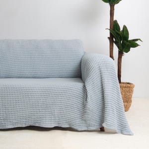 Baby Blue Extra Large Sofa Throw, Waffle Cotton Soft Washable Couch Cover for Sofa, Sectional, L-Shape, U-Shape, 2, 3, 4-Seater