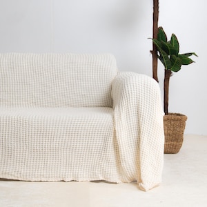 Cream Oversize Sofa Throw, Waffle Cotton Soft Washable Couch Cover for Sofa, Sectional, L-Shape, U-Shape, 2, 3, 4-Seater