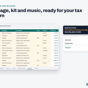 May include: A digital spreadsheet titled Instructor Pay Tracker displaying expenses and mileage with columns for date, category, description, miles, paid, and claim. A sidebar shows tax return calculations for earned, expenses, and profit totals.