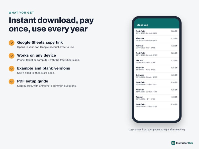 May include: A digital class log template displayed on a smartphone screen, featuring a list of class names, dates, and prices. The text includes 'WHAT YOU GET', 'Instant download', and 'Google Sheets copy link' with orange checkmarks.