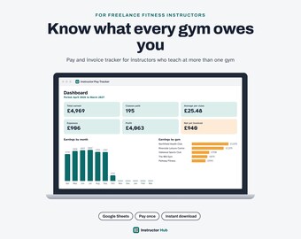 Plantilla de registro de pagos y facturas para instructores de fitness, Google Sheets, registro de clases de gimnasio y sustituciones, kilometraje y gastos.