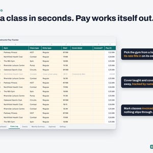 May include: A digital spreadsheet interface titled Instructor Pay Tracker displaying columns for date, gym, class type, entry type, start time, cover detail, invoiced status, and pay in pounds. Three dark text boxes highlight features for gym selection, cover tracking, and invoicing.