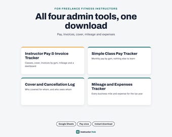 May include: A digital administrative tool set for freelance fitness instructors featuring four trackers: Instructor Pay & Invoice Tracker, Simple Class Pay Tracker, Cover and Cancellation Log, and Mileage and Expenses Tracker, with Google Sheets compatibility.