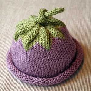 May include: A purple and green knitted hat with a leaf design on top.