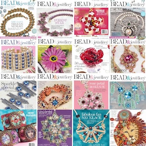 Peut inclure: Une collection de 12 couvertures de magazines présentant des modèles de perles et de bijoux. Les couvertures présentent une variété de couleurs, de motifs et de styles, notamment une fleur rouge, un flocon de neige bleu et un collier en or.