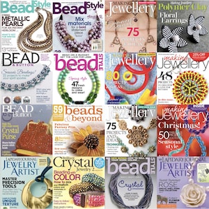 May include: A collage of magazine covers featuring jewelry making projects. The covers feature various beading techniques, materials, and designs. The magazines include titles like Bead Style, Bead & Button, Making Jewellery, and Lapidary Journal Jewelry Artist.