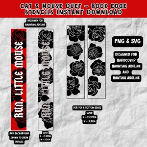 May include: Black and white printable book edge stencils featuring a repeating pattern of roses and the text "Run, Little Mouse". The stencils are designed for hardcover books and are sized at 21.59 inches tall and 3.3 inches wide. The stencils are available in PNG and SVG formats.