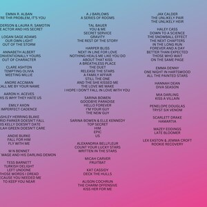 May include: A pink and blue gradient background with a list of song titles in white text. The song titles are arranged in two columns. The song titles are all in a similar font style.