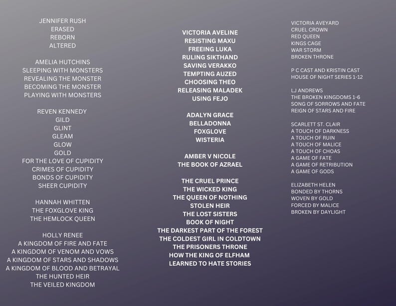 May include: A list of book titles with author names, including "The Cruel Prince", "The Wicked King", "The Queen of Nothing", "Stolen Heir", "The Lost Sisters", "Book of Night", "The Darkest Part of the Forest", "The Coldest Girl in Coldtown", "The Prisoners Throne", "How the King of Elfham Learned to Hate Stories", "Jennifer Rush", "Erased", "Reborn", "Altered", "Amelia Hutchins", "Sleeping with Monsters", "Revealing the Monster", "Becoming the Monster", "Playing with Monsters", "Reven Kennedy", "Gild", "Glint", "Gleam", "Glow", "Gold", "For the Love of Cupidity", "Crimes of Cupidity", "Bonds of Cupidity", "Sheer Cupidity", "Hannah Whitten", "The Foxglove King", "The Hemlock Queen", "Holly Renee", "A Kingdom of Fire and Fate", "A Kingdom of Venom and Vows", "A Kingdom of Stars and Shadows", "A Kingdom of Blood and Betrayal", "The Hunted Heir", "The Veiled Kingdom", "Victoria Aveline", "Resisting Maxu", "Freeing Luka", "Ruling Sikthand", "Saving Verakko", "Tempting Auzed", "Choosing Theo", "Releasing Maladek", "Using Fejo", "Adalyn Grace", "Belladonna", "Foxglove", "Wisteria", "Amber V Nicole", "The Book of Azrael", "Victoria Aveyard", "Cruel Crown", "Red Queen", "Kings Cage", "War Storm", "Broken Throne", "PC Cast and Kristin Cast", "House of Night Series 1-12", "LJ Andrews", "The Broken Kingdoms 1-6", "Song of Sorrows and Fate", "Reign of Stars and Fire", "Scarlett St. Clair", "A Touch of Darkness", "A Touch of Ruin", "A Touch of Malice", "A Touch of Chaos", "A Game of Fate", "A Game of Retribution", "A Game of Gods", "Elizabeth Helen", "Bonded by Thorns", "Woven by Gold", "Forced by Malice", "Broken by Daylight".