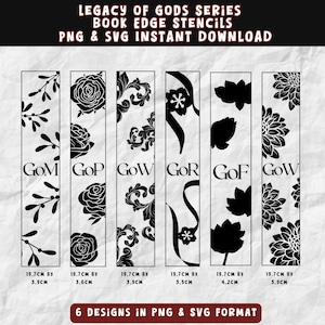 Può includere: Sei stencil per bordi di libri in bianco e nero con diversi design, tra cui motivi floreali, geometrici e astratti. Gli stencil sono etichettati "GOM", "GOP", "GOW", "GOR", "GOF" e "GOW". Ogni stencil misura 19,7 cm per 3,9 cm.