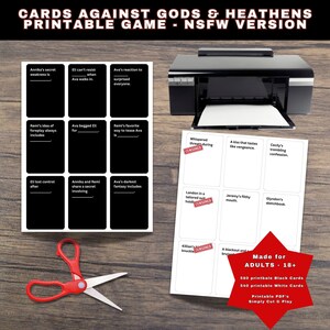 May include: A printable NSFW card game with black and white cards, a printer, and a pair of red scissors. The game includes fill-in-the-blank prompts and is designed for adults.
